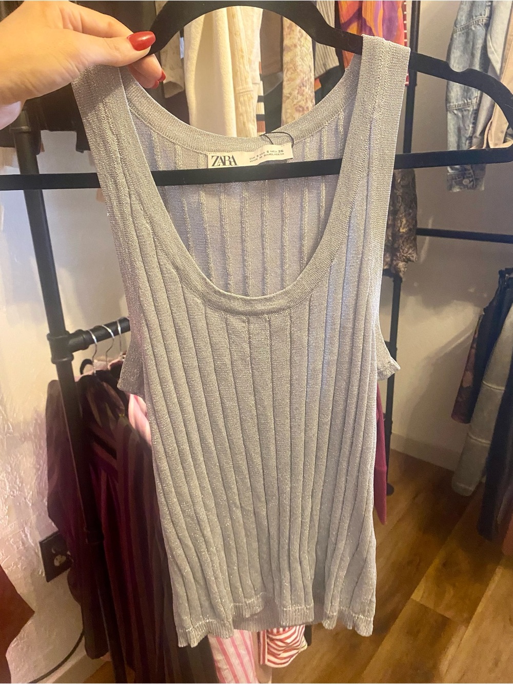 Zara Silver Shimmer Ribbed Tank Top